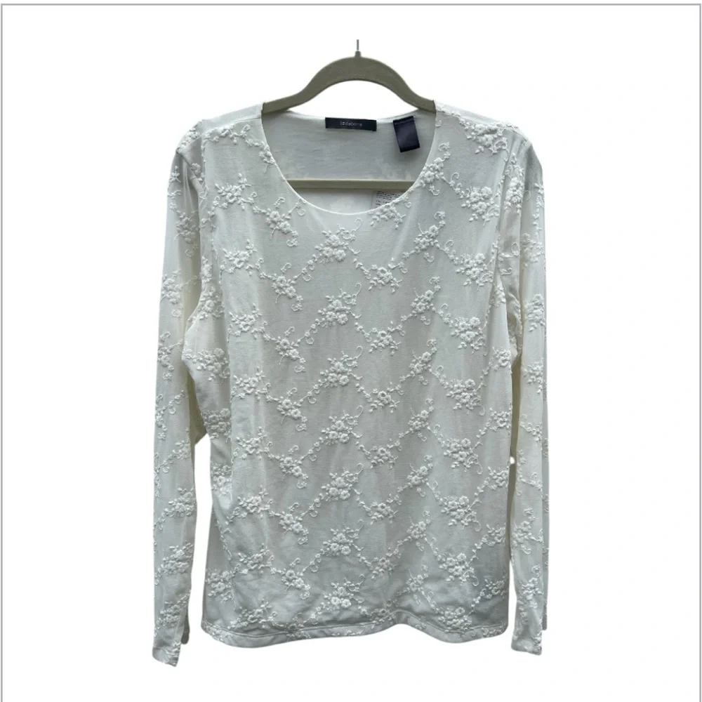 Liz Claiborne XL White Lace Embroidery Semi Sheer Long Sleeve Coquette Top NWT - Picture 3 of 15